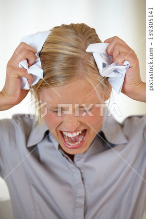 Business woman, stress and screaming or angry, burnout and mental health or depression, mad and fail. Female person, frustrated and crumpling papers in hands, noise and shout for mistake in office Business woman, stress and screaming or angry, burnout and mental health or depression, mad and fail. Female person, frustrated and crumpling papers in hands, noise and shout for mistake in office 139305141