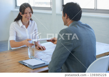 Business woman, job interview and resume, CV or paperwork for human resources, recruitment or hiring process. Professional employer, manager or clients giving documents for career review in a meeting Business woman, job interview and resume, CV or paperwork for human resources, recruitment or hiring process. Professional employer, manager or clients giving documents for career review in a meeting 139305228