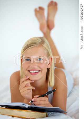 Portrait, home and woman with a smile, writing and relax with ideas, creativity and planning. Face, bedroom or girl with a diary, thinking or person with a pen, apartment or brainstorming with a book Portrait, home and woman with a smile, writing and relax with ideas, creativity and planning. Face, bedroom or girl with a diary, thinking or person with a pen, apartment or brainstorming with a book 139305237
