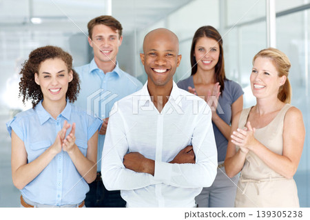 Portrait, team and applause for success of black man, congratulations and celebrate. Face, happy business group clapping for goal achievement and target, winner or audience support with arms crossed 139305238