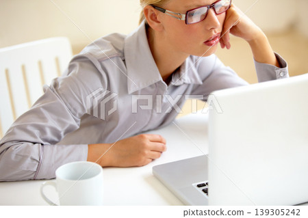 Business woman, bored and exhausted at work, laptop and burnout or mental health in office. Female person, tired and stress for connection issues, glitch and slow internet, frustrated and anxiety 139305242