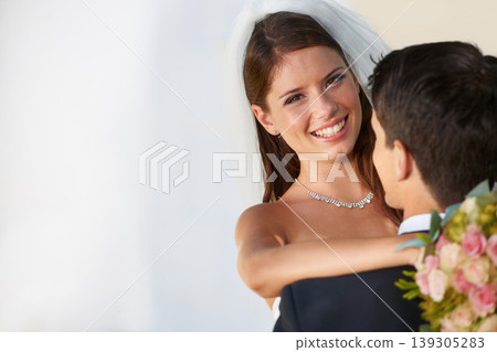 Portrait, happy man and woman hugging at wedding with smile, love and commitment at reception. Mockup, face of bride and groom in embrace at marriage celebration with fun, loyalty and future together Portrait, happy man and woman hugging at wedding with smile, love and commitment at reception. Mockup, face of bride and groom in embrace at marriage celebration with fun, loyalty and future together 139305283