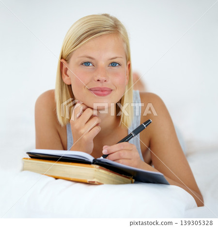 Portrait, home and woman with a book, writing and relax with ideas, creativity and planning. Face, bedroom and girl with a diary, thinking or person with a pen, student and brainstorming with peace Portrait, home and woman with a book, writing and relax with ideas, creativity and planning. Face, bedroom and girl with a diary, thinking or person with a pen, student and brainstorming with peace 139305328
