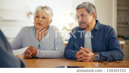 Senior couple, documents and listening to lawyer for retirement plan, finance or investment at home. Mature man and woman with attorney for budget planning, paperwork or legal agreement together Senior couple, documents and listening to lawyer for retirement plan, finance or investment at home. Mature man and woman with attorney for budget planning, paperwork or legal agreement together 139305335