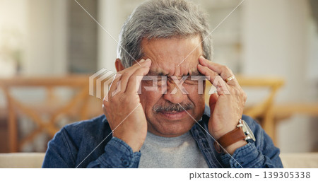 Headache, senior man and stress in home for mistake, mental health and brain fog in retirement. Face, tired and frustrated elderly guy with migraine, crisis and pain of vertigo, trauma and fatigue Headache, senior man and stress in home for mistake, mental health and brain fog in retirement. Face, tired and frustrated elderly guy with migraine, crisis and pain of vertigo, trauma and fatigue 139305338