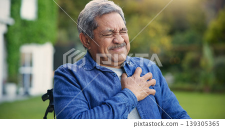 Elderly man, heart attack and emergency in wheelchair in garden, retirement and cardiac arrest in nature. Senior person, chest pain and anxiety for healthcare crisis, fear and medical risk by lawn 139305365