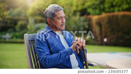 Elderly, man or thinking with cane for retirement, alzheimer and memory outdoor on bench and lonely. Senior, person or walking stick with nostalgia, thoughtful and peace in nature or park with wonder Elderly, man or thinking with cane for retirement, alzheimer and memory outdoor on bench and lonely. Senior, person or walking stick with nostalgia, thoughtful and peace in nature or park with wonder 139305377
