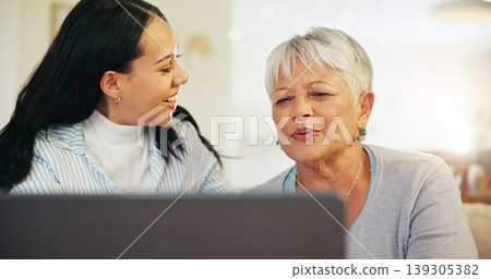 Woman, elderly mom and laptop with teaching, reading and typing for email notification, web or search. Computer, senior mother and daughter with click, learning and family home lounge on social media 139305382