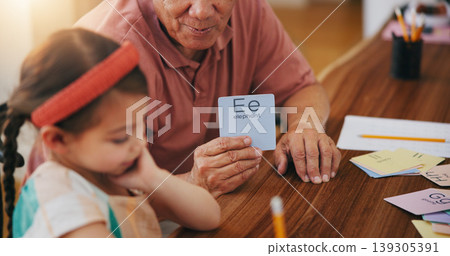 Child, senior man and education or card, teaching and learning at home, language and support. Girl, grandfather and letters or tutoring, assessment and alphabet for development or english homework Child, senior man and education or card, teaching and learning at home, language and support. Girl, grandfather and letters or tutoring, assessment and alphabet for development or english homework 139305391