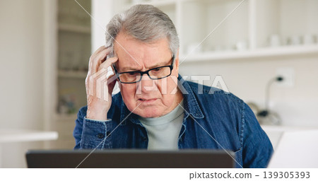 Stress, laptop or elderly man planning for financial spreadsheet or retirement investment in home. Frustrated, debt or senior person reading news online to check savings account, banking or inflation 139305393