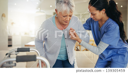 Senior woman, person with disability and nurse for help to couch, walking frame and handholding. Healthcare or elderly for medical, patient rehabilitation and injury for therapy, support or recovery Senior woman, person with disability and nurse for help to couch, walking frame and handholding. Healthcare or elderly for medical, patient rehabilitation and injury for therapy, support or recovery 139305459