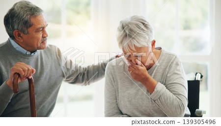 Senior, woman and cough or illness support or husband hug in home for concern, empathy or winter virus. Old person, man and comfort for bacteria infection or flu disease retirement, allergy or sick Senior, woman and cough or illness support or husband hug in home for concern, empathy or winter virus. Old person, man and comfort for bacteria infection or flu disease retirement, allergy or sick 139305496