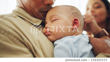Baby, sleep on father chest for tired rest or childhood development, dream or safety growth. Male person, kid and relax nap on parent for snooze comfort or peace support, calm bonding in dad hands Baby, sleep on father chest for tired rest or childhood development, dream or safety growth. Male person, kid and relax nap on parent for snooze comfort or peace support, calm bonding in dad hands 139305537