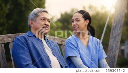 Retirement, old man and nurse on a bench in the park together for nostalgia or thinking of a memory. Summer, healthcare and a woman caregiver in a garden with a senior patient for conversation 139305542