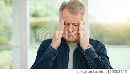 Frustrated senior man, headache and stress in burnout, anxiety or depression at home. Closeup of tired mature male person with migraine, pain or sore head in mental health, mistake or fail at house Frustrated senior man, headache and stress in burnout, anxiety or depression at home. Closeup of tired mature male person with migraine, pain or sore head in mental health, mistake or fail at house 139305545