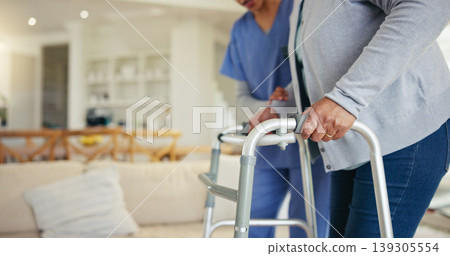 Senior woman, person with disability and walker for nurse, couch, walking frame and elderly care. Healthcare or mobility for medical, patient rehabilitation or injury for therapy support or recovery Senior woman, person with disability and walker for nurse, couch, walking frame and elderly care. Healthcare or mobility for medical, patient rehabilitation or injury for therapy support or recovery 139305554