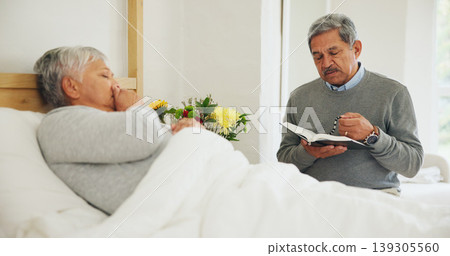 Woman, bed and illness or person prayer for wellbeing on bible or rosary for god hope, belief for help. Mexican couple, sick wife and man book for religion support or faith worship, health or miracle Woman, bed and illness or person prayer for wellbeing on bible or rosary for god hope, belief for help. Mexican couple, sick wife and man book for religion support or faith worship, health or miracle 139305560