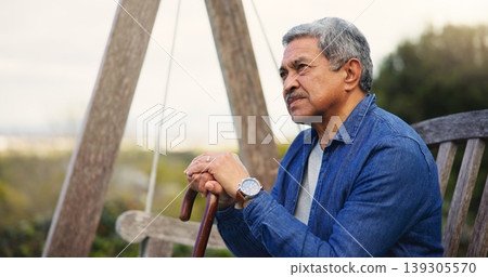 Senior, man or thinking with cane for retirement, alzheimer and memory outdoor on bench and lonely. Elderly, person or walking stick with nostalgia, thoughtful and peace in nature or park with wonder Senior, man or thinking with cane for retirement, alzheimer and memory outdoor on bench and lonely. Elderly, person or walking stick with nostalgia, thoughtful and peace in nature or park with wonder 139305570