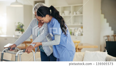 Senior woman, person with disability and walking frame for support, nurse and handholding. Healthcare, elderly for medical care, patient rehabilitation and physiotherapy for injury and recovery Senior woman, person with disability and walking frame for support, nurse and handholding. Healthcare, elderly for medical care, patient rehabilitation and physiotherapy for injury and recovery 139305573