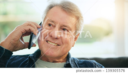 Home, phone call and senior man with conversation, network and digital app with discussion. Apartment, elderly person and pensioner with a smartphone, relax and communication with idea and speaking Home, phone call and senior man with conversation, network and digital app with discussion. Apartment, elderly person and pensioner with a smartphone, relax and communication with idea and speaking 139305576