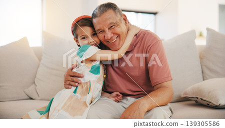 Home, portrait and hug with grandfather, girl and happiness with weekend break, relax and bonding together. Old man, senior person and child with joy, embrace and support with love, care and kid 139305586