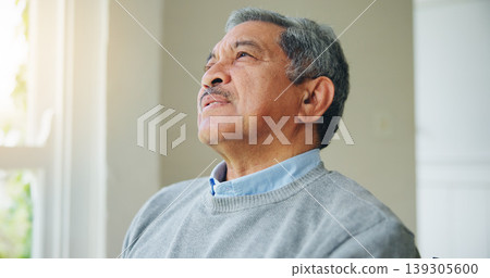 Thinking, nostalgia and senior man at a nursing home window with memory, moment or relax. Remember, face and elderly male person in a living room with reflection, calm or chilling in retirement 139305600