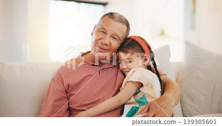 Apartment, portrait and hug with grandfather, girl and happiness with weekend break, relax and bonding together. Old man, senior person and child with joy, embrace and support with love, home and kid Apartment, portrait and hug with grandfather, girl and happiness with weekend break, relax and bonding together. Old man, senior person and child with joy, embrace and support with love, home and kid 139305601