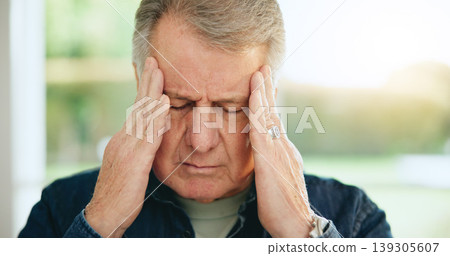 Stress, headache or old man in home with burnout, worry or fatigue in retirement frustrated by debt. Depression anxiety, face or tired elderly person with problem, crisis or head pain with migraine Stress, headache or old man in home with burnout, worry or fatigue in retirement frustrated by debt. Depression anxiety, face or tired elderly person with problem, crisis or head pain with migraine 139305607