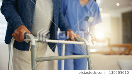Senior man, person with disability and walking frame for support, nurse and handholding. Healthcare, elderly for medical care, patient rehabilitation and physiotherapy for injury and recovery help Senior man, person with disability and walking frame for support, nurse and handholding. Healthcare, elderly for medical care, patient rehabilitation and physiotherapy for injury and recovery help 139305610