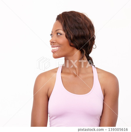 Black woman, thinking and fitness with health and wellness from happy exercise in studio. Smile, confidence and idea with workout and training of a African female athlete with white background Black woman, thinking and fitness with health and wellness from happy exercise in studio. Smile, confidence and idea with workout and training of a African female athlete with white background 139305616