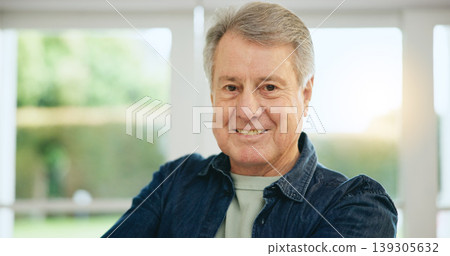 Old man, portrait and morning in home and retirement with happiness and health. Senior, person and smile on face in house to relax with sunshine in apartment, living room or lounge on vacation Old man, portrait and morning in home and retirement with happiness and health. Senior, person and smile on face in house to relax with sunshine in apartment, living room or lounge on vacation 139305632