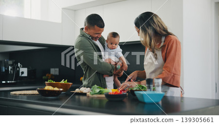 Happy, couple and baby cooking vegetables in kitchen for nutrition food, child development or parent connection. Man, woman and boy in home for meal prepare or health wellness, ingredients for dinner Happy, couple and baby cooking vegetables in kitchen for nutrition food, child development or parent connection. Man, woman and boy in home for meal prepare or health wellness, ingredients for dinner 139305661