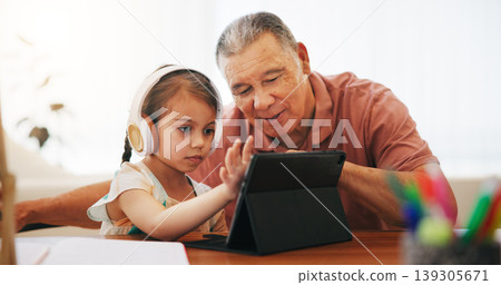 Headphones, grandfather and kid on tablet for elearning, studying and knowledge. Education technology, girl child and grandpa in virtual class, school and help, teaching and typing homework online Headphones, grandfather and kid on tablet for elearning, studying and knowledge. Education technology, girl child and grandpa in virtual class, school and help, teaching and typing homework online 139305671