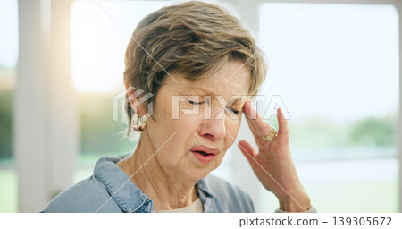 Frustrated senior woman, headache and stress in burnout, anxiety or depression at home. Closeup of mature female person with migraine, pain or sore head in mental health, mistake or fail at house Frustrated senior woman, headache and stress in burnout, anxiety or depression at home. Closeup of mature female person with migraine, pain or sore head in mental health, mistake or fail at house 139305672
