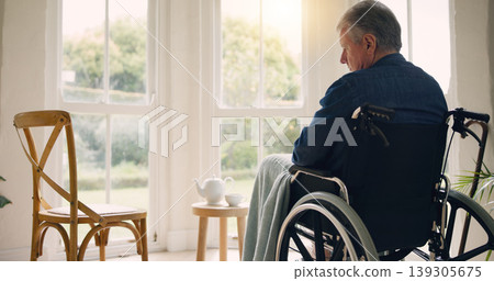 Wheelchair, senior man or thinking of memory by window in nursing home or retirement with depression. Nostalgia, sad history or lonely mature person in lounge by an empty chair to remember past loss Wheelchair, senior man or thinking of memory by window in nursing home or retirement with depression. Nostalgia, sad history or lonely mature person in lounge by an empty chair to remember past loss 139305675