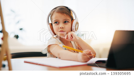 Thinking, kid on headphones and education, writing in book and homework for homeschool on tablet. Elearning, virtual class and idea of girl child on internet, studying and online lesson for knowledge Thinking, kid on headphones and education, writing in book and homework for homeschool on tablet. Elearning, virtual class and idea of girl child on internet, studying and online lesson for knowledge 139305695
