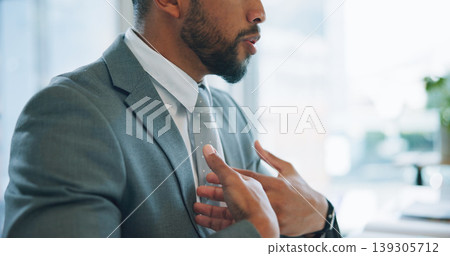Hands, management and explain with a business man closeup in the office for a professional workshop. Coaching, training or talking with an employer in the workplace for a corporate discussion 139305712