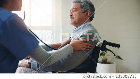 Man, nurse and senior in wheelchair for blood pressure, monitoring or elderly care at old age home. Doctor or medical caregiver for BPM stethoscope of mature patient person with a disability at house 139305713