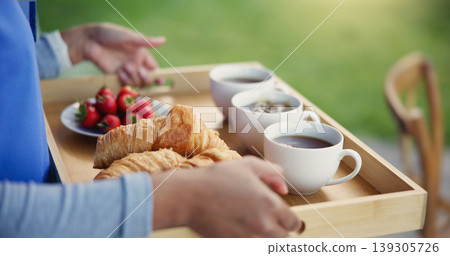 Food, breakfast and tray for morning, tea and fruit, pastry and crossiants, strawberry and nutrition. Healthy living, fiber and beverage for thirst, coffee and nurse to serve, meal and backyard Food, breakfast and tray for morning, tea and fruit, pastry and crossiants, strawberry and nutrition. Healthy living, fiber and beverage for thirst, coffee and nurse to serve, meal and backyard 139305726
