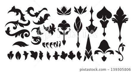 Flourishing decorative elements for retro design. Ornaments in the form of patterns, swirls, and flourishes. Vintage borders, frames, and patterns for invitations and certificates. A vector set. Flourishing decorative elements for retro design. Ornaments in the form of patterns, swirls, and flourishes. Vintage borders, frames, and patterns for invitations and certificates. A vector set. 139305806
