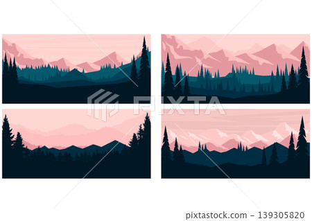 A set of four minimalist vector landscapes featuring jagged mountain peaks and pine forest silhouettes under a soft pink and purple sky in a clean, layered flat style. 139305820