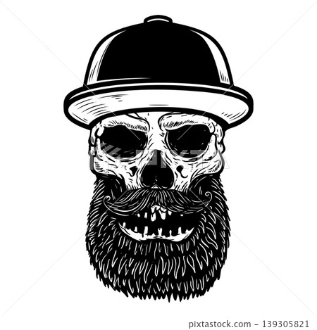 A black and white vector illustration of a bearded skull wearing a baseball cap. This detailed, edgy hipster character is perfect for streetwear and barbershop logos. A black and white vector illustration of a bearded skull wearing a baseball cap. This detailed, edgy hipster character is perfect for streetwear and barbershop logos. 139305821