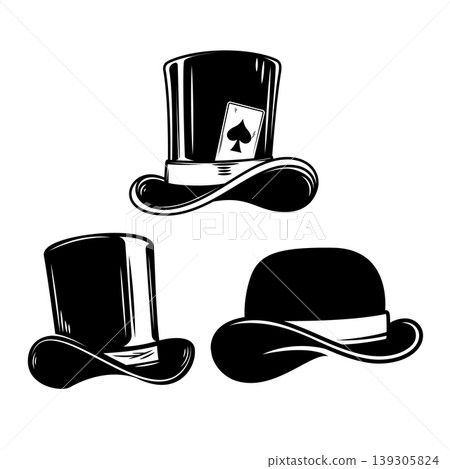 Set of monochrome illustrations of vintage hats. Design element for logo, emblem, sign. Vector illustration Set of monochrome illustrations of vintage hats. Design element for logo, emblem, sign. Vector illustration 139305824