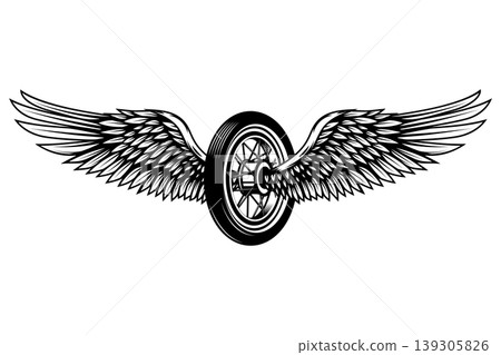 Motorcycle wheel with wings isolated on white background. Design elements for logo, label, emblem,sign. Vector illustration Motorcycle wheel with wings isolated on white background. Design elements for logo, label, emblem,sign. Vector illustration 139305826