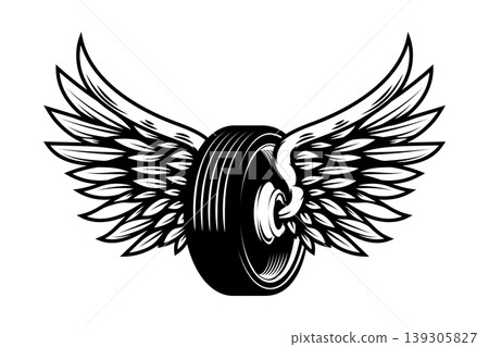 Motorcycle wheel with wings isolated on white background. Design elements for logo, label, emblem,sign. Vector illustration Motorcycle wheel with wings isolated on white background. Design elements for logo, label, emblem,sign. Vector illustration 139305827