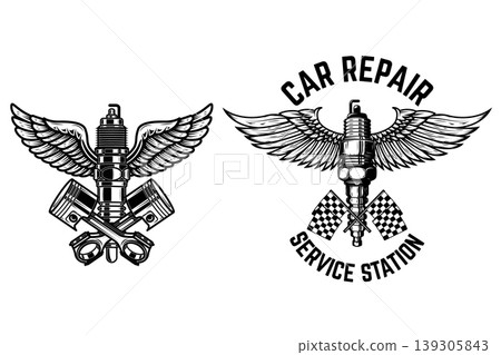 Winged motorcycle spark plug. Design elements for logo, label, sign, menu. Vector illustration Winged motorcycle spark plug. Design elements for logo, label, sign, menu. Vector illustration 139305843