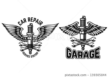 Winged motorcycle spark plug. Design elements for logo, label, sign, menu. Vector illustration Winged motorcycle spark plug. Design elements for logo, label, sign, menu. Vector illustration 139305844