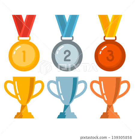 Set of winner cups in flat style isolated on white background. Flat style winner cup icons. Vector illustration Set of winner cups in flat style isolated on white background. Flat style winner cup icons. Vector illustration 139305858