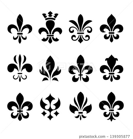 A black and white vector set of twelve fleur-de-lis icons. This collection features various stylistic interpretations of the classic lily heraldic symbol on a white background. A black and white vector set of twelve fleur-de-lis icons. This collection features various stylistic interpretations of the classic lily heraldic symbol on a white background. 139305877