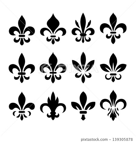 A black and white vector set of twelve fleur-de-lis icons. This collection features various stylistic interpretations of the classic lily heraldic symbol on a white background. A black and white vector set of twelve fleur-de-lis icons. This collection features various stylistic interpretations of the classic lily heraldic symbol on a white background. 139305878